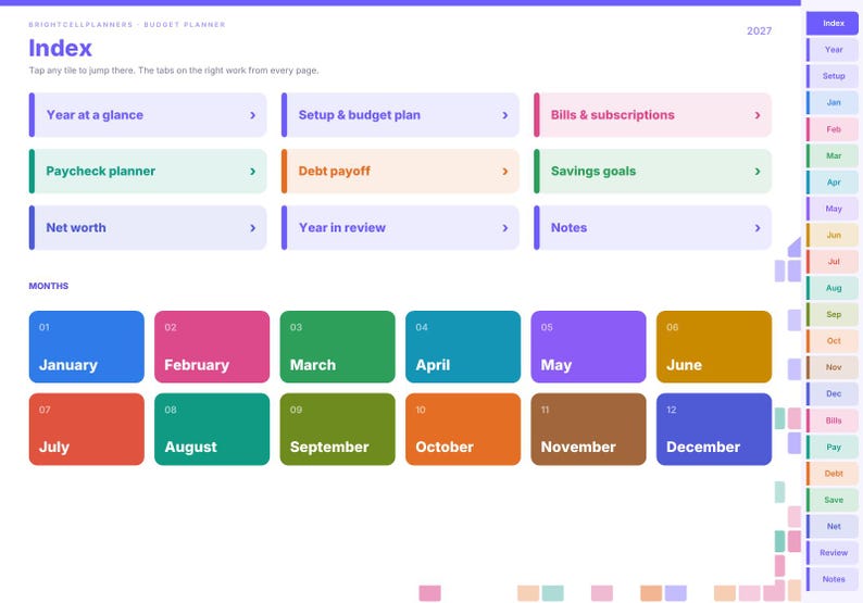May include: A digital budget planner index page for 2027 titled Brightcellplanners. It features navigation tiles for Year at a glance, Setup & budget plan, Bills & subscriptions, Paycheck planner, Debt payoff, Savings goals, Net worth, Year in review, and Notes, plus twelve colorful month tiles.
