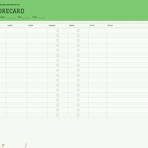 Puede incluir: Una p&aacute;gina de planificador de tarjeta de puntuaci&oacute;n de golf verde y blanca con el texto BRIGHTELLPLANNERS GOLF SCORECARD AND PRACTICE LOG. El dise&ntilde;o incluye columnas para hoyo, par, yardas, puntuaci&oacute;n, fairway, green, putts y notas.