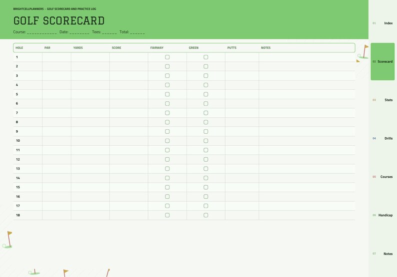 Puede incluir: Una p&aacute;gina de planificador de tarjeta de puntuaci&oacute;n de golf verde y blanca con el texto BRIGHTELLPLANNERS GOLF SCORECARD AND PRACTICE LOG. El dise&ntilde;o incluye columnas para hoyo, par, yardas, puntuaci&oacute;n, fairway, green, putts y notas.
