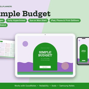 Puede incluir: Un planificador digital titulado Simple Budget 2027 mostrado en una tableta y un tel&eacute;fono inteligente, con 37 p&aacute;ginas, hiperv&iacute;nculos y opciones de inicio en domingo o lunes. La interfaz incluye gr&aacute;ficos verdes y morados para GoodNotes, Notability, Xodo y Samsung Notes.