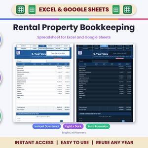 Op de afbeelding: Boekhoudspreadsheet voor huurwoningen voor Excel en Google Sheets. Bevat automatische formules, volledig bewerkbare velden en compatibiliteit met Mac, PC en mobiel. Inclusief 5-jaars overzichten in lichte en donkere modus.