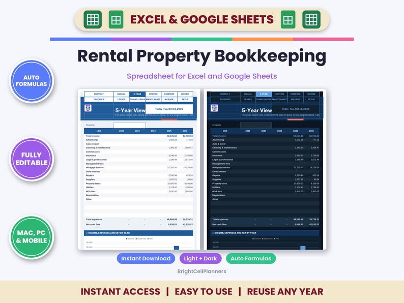 Op de afbeelding: Boekhoudspreadsheet voor huurwoningen voor Excel en Google Sheets. Bevat automatische formules, volledig bewerkbare velden en compatibiliteit met Mac, PC en mobiel. Inclusief 5-jaars overzichten in lichte en donkere modus.