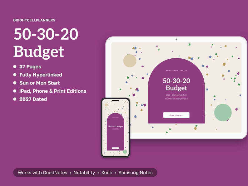 2027 Digital 50-30-20 Budget, Tablet 50-30-20 Budget PDF, Hyperlinked Planner, Budget Tracker, Tablet Planner image 1