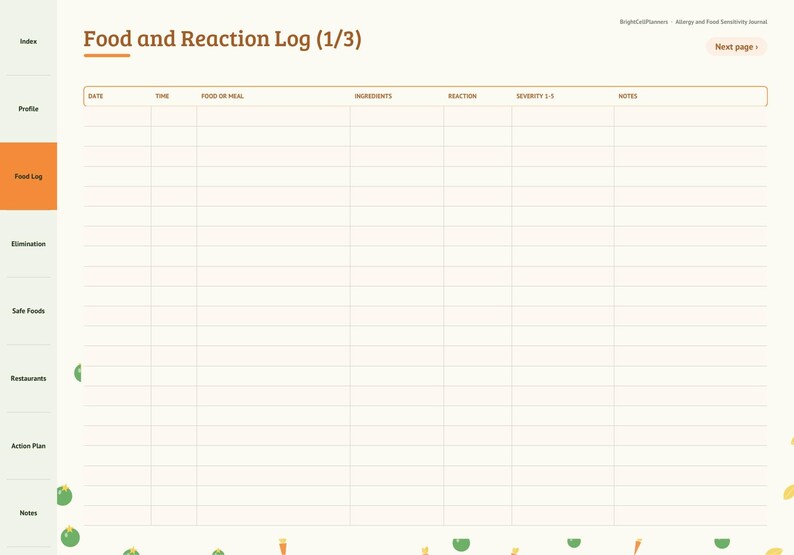Puede incluir: Una p&aacute;gina digital de registro de alimentos y reacciones con una barra lateral de navegaci&oacute;n. El encabezado dice Food and Reaction Log (1/3). La tabla incluye columnas para fecha, hora, comida, ingredientes, reacci&oacute;n, gravedad 1-5 y notas.