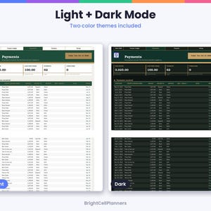 Puede incluir: Una plantilla de hoja de c&aacute;lculo digital para el seguimiento de pagos, con temas de color claro y oscuro. La interfaz muestra un panel con m&eacute;tricas resumidas y una lista detallada de transacciones, incluyendo fechas, nombres, importes y m&eacute;todos de pago.