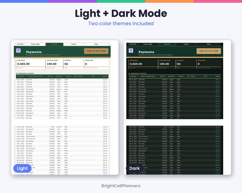 Puede incluir: Una plantilla de hoja de c&aacute;lculo digital para el seguimiento de pagos, con temas de color claro y oscuro. La interfaz muestra un panel con m&eacute;tricas resumidas y una lista detallada de transacciones, incluyendo fechas, nombres, importes y m&eacute;todos de pago.