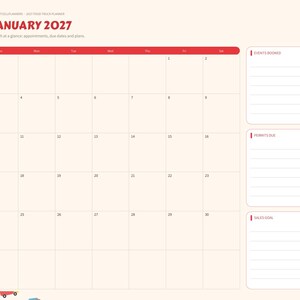 May include: A digital planner page for January 2027 featuring a monthly calendar grid with red headers. The sidebar includes navigation tabs for months and categories. Three white boxes on the right are labeled Events Booked, Permits Due, and Sales Goal.