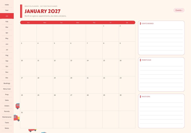 May include: A digital planner page for January 2027 featuring a monthly calendar grid with red headers. The sidebar includes navigation tabs for months and categories. Three white boxes on the right are labeled Events Booked, Permits Due, and Sales Goal.