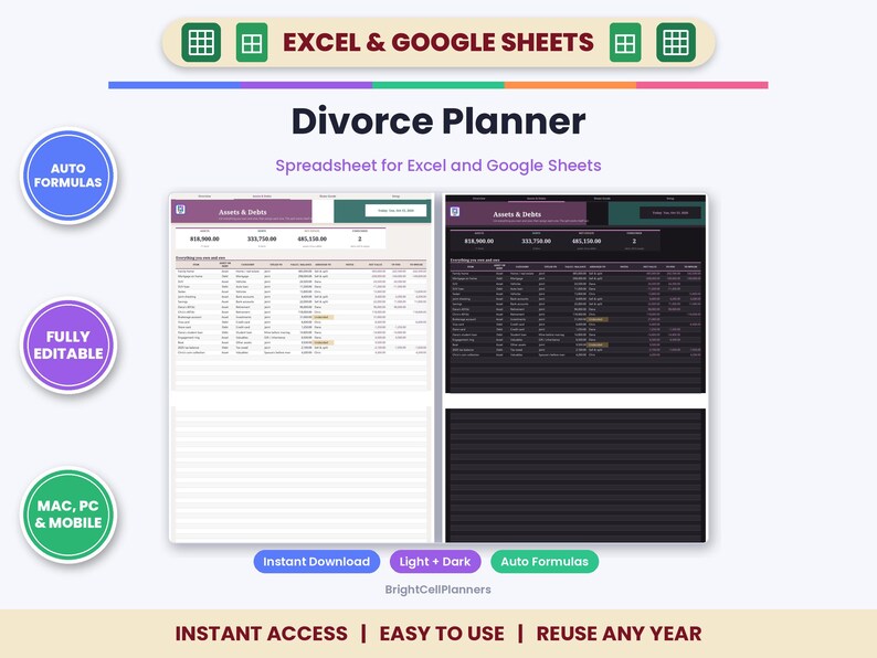 Scheidungsplaner-Tabelle für Excel & Google Sheets – Vermögens- und Schuldenaufteilung, Haushaltsgegenständeliste Bild 1