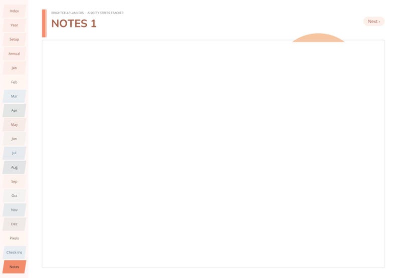 Peut inclure: Une page de planificateur num&eacute;rique intitul&eacute;e NOTES 1 avec une barre lat&eacute;rale contenant des onglets de navigation pour Index, Year, Setup, Annual, les mois de Jan &agrave; Dec, Pixels, Check-ins et Notes. Un grand espace blanc pour &eacute;crire.