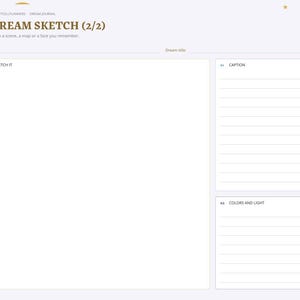 May include: A digital dream journal page titled DREAM SKETCH (2/2) with a large blank area for drawing, a section for a caption, and a section for colors and light. The layout includes a side navigation bar with tabs for index, setup, and notes.