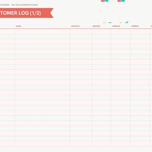 May include: A digital customer log planner page with a coral header labeled CUSTOMER LOG (1/2). The layout features a grid with columns for date, name, contact, bought, amount, source, and follow up. A vertical sidebar lists months and categories.