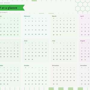 May include: A digital 2027 calendar planner page titled 2027 at a glance. The layout features twelve monthly grids organized in a light green and white color scheme with a hexagonal pattern background and a vertical navigation sidebar.