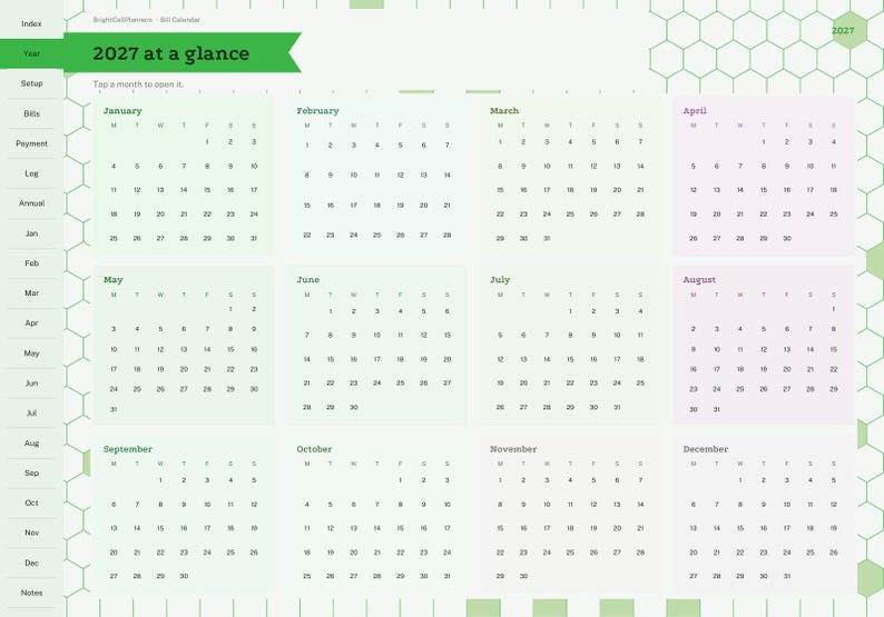 May include: A digital 2027 calendar planner page titled 2027 at a glance. The layout features twelve monthly grids organized in a light green and white color scheme with a hexagonal pattern background and a vertical navigation sidebar.