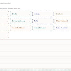 Pode incluir: Uma p&aacute;gina digital de rastreamento de faturas de clientes com um &iacute;ndice de blocos clic&aacute;veis para Setup, Clients, Invoices, Line Items, Payments, Communication Log, Tasks, Client Dashboard, Client Lookup, Invoice Dashboard, Invoice Generator e Quote Generator.
