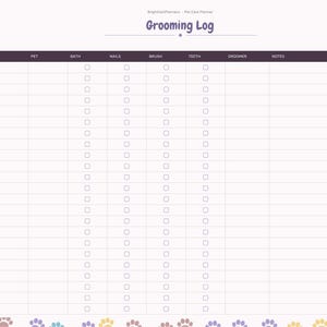 May include: A digital grooming log planner page with a purple header titled Grooming Log. The table includes columns for date, pet, bath, nails, brush, teeth, groomer, and notes. A sidebar features tabs for index, profiles, vet, feeding, grooming, expenses, training, sitter, and notes.