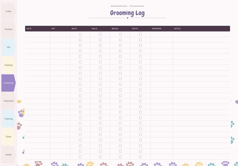 May include: A digital grooming log planner page with a purple header titled Grooming Log. The table includes columns for date, pet, bath, nails, brush, teeth, groomer, and notes. A sidebar features tabs for index, profiles, vet, feeding, grooming, expenses, training, sitter, and notes.