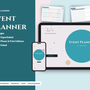 Puede incluir: Un planificador de eventos digital en una pantalla de tableta y tel&eacute;fono, con un dise&ntilde;o de c&iacute;rculo azul verdoso y el texto Event Planner 2027. Incluye 39 p&aacute;ginas, hiperv&iacute;nculos y es compatible con GoodNotes, Notability, Xodo y Samsung Notes.