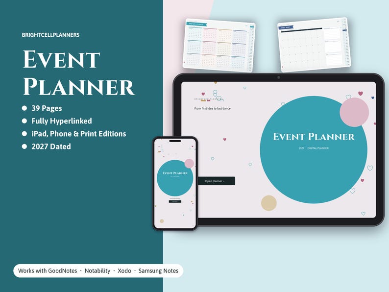 Puede incluir: Un planificador de eventos digital en una pantalla de tableta y tel&eacute;fono, con un dise&ntilde;o de c&iacute;rculo azul verdoso y el texto Event Planner 2027. Incluye 39 p&aacute;ginas, hiperv&iacute;nculos y es compatible con GoodNotes, Notability, Xodo y Samsung Notes.