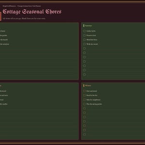 K&ouml;nnte beinhalten: Eine digitale Planerseite mit dem Titel Cottage Seasonal Chores mit vier dunkelgr&uuml;nen Abschnitten f&uuml;r Fr&uuml;hling, Sommer, Herbst und Winter. Das Layout umfasst eine kastanienbraune Seitenleiste mit Reitern, einen goldenen Rand und eine kleine ovale Illustration eines Landhauses.