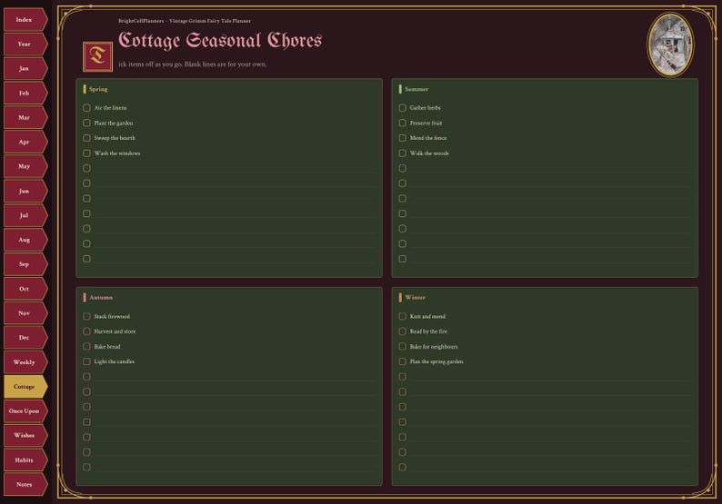 K&ouml;nnte beinhalten: Eine digitale Planerseite mit dem Titel Cottage Seasonal Chores mit vier dunkelgr&uuml;nen Abschnitten f&uuml;r Fr&uuml;hling, Sommer, Herbst und Winter. Das Layout umfasst eine kastanienbraune Seitenleiste mit Reitern, einen goldenen Rand und eine kleine ovale Illustration eines Landhauses.