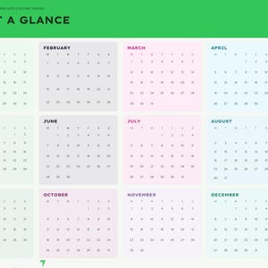Puede incluir: Una p&aacute;gina de calendario digital 2027 titulada 2027 AT A GLANCE con doce cuadr&iacute;culas mensuales en colores pastel. El dise&ntilde;o presenta un encabezado verde, un men&uacute; de navegaci&oacute;n lateral y cuadros individuales para cada mes de enero a diciembre.