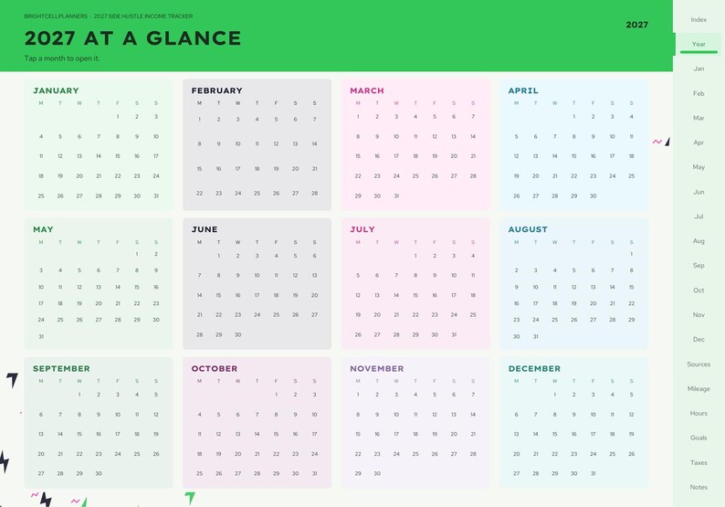 Puede incluir: Una p&aacute;gina de calendario digital 2027 titulada 2027 AT A GLANCE con doce cuadr&iacute;culas mensuales en colores pastel. El dise&ntilde;o presenta un encabezado verde, un men&uacute; de navegaci&oacute;n lateral y cuadros individuales para cada mes de enero a diciembre.