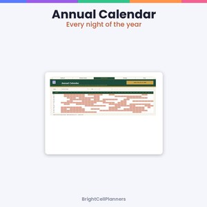 May include: A digital annual calendar planner interface with the text Annual Calendar Every night of the year at the top. The layout features a dark green header, a grid of light-colored cells, and rows of salmon-colored blocks for scheduling.