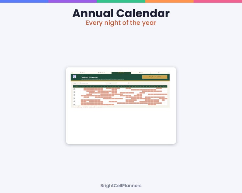 May include: A digital annual calendar planner interface with the text Annual Calendar Every night of the year at the top. The layout features a dark green header, a grid of light-colored cells, and rows of salmon-colored blocks for scheduling.