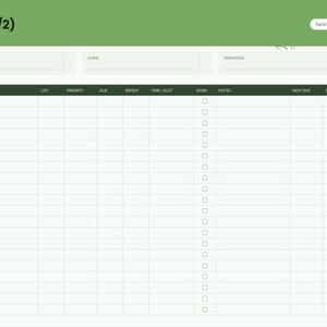 Puede incluir: Una p&aacute;gina de planificador de tareas digital con un encabezado verde etiquetado como Tasks (1/2) y un bot&oacute;n Next page. El dise&ntilde;o presenta una tabla con columnas para task, list, priority, due, repeat, time/slot, done, notes, next due y status.