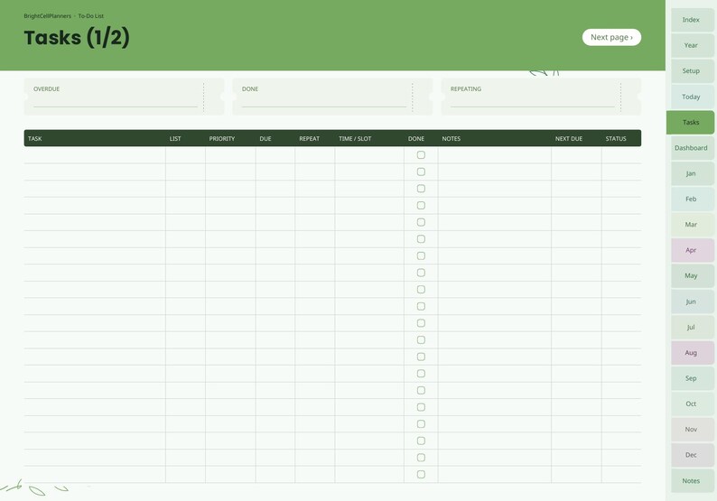 Puede incluir: Una p&aacute;gina de planificador de tareas digital con un encabezado verde etiquetado como Tasks (1/2) y un bot&oacute;n Next page. El dise&ntilde;o presenta una tabla con columnas para task, list, priority, due, repeat, time/slot, done, notes, next due y status.