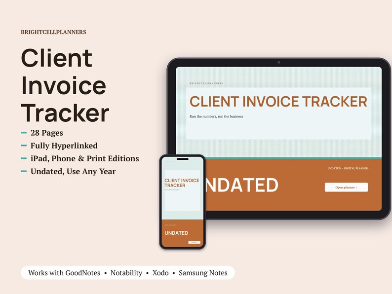 Undated Digital Client Invoice Tracker, Tablet Client Invoice Tracker PDF, Hyperlinked Planner, Clients, Invoices, Line Items imagem 1