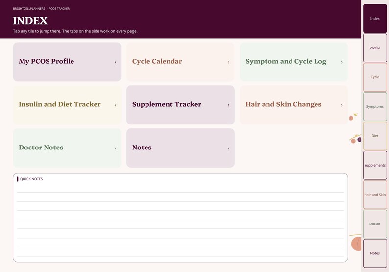 May include: A digital PCOS tracker index page with a dark purple header and navigation tabs on the right. The layout features rectangular tiles labeled My PCOS Profile, Cycle Calendar, Symptom and Cycle Log, Insulin and Diet Tracker, Supplement Tracker, Hair and Skin Changes, Doctor Notes, and Notes, with a large lined quick notes section at the bottom.