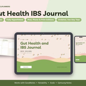 May include: A digital Gut Health IBS Journal displayed on a tablet and smartphone, featuring 21 pages, hyperlinks, and undated layouts. The interface includes green and pink abstract shapes with text reading Gut Health and IBS Journal.