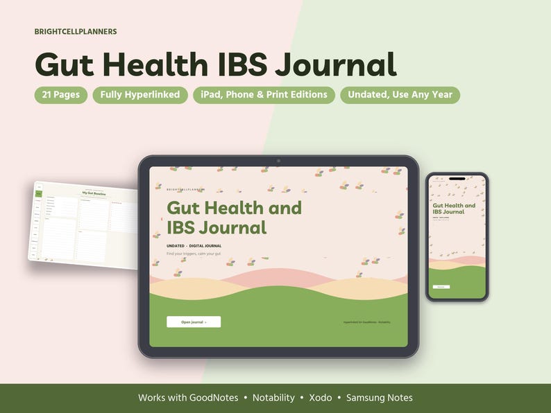 May include: A digital Gut Health IBS Journal displayed on a tablet and smartphone, featuring 21 pages, hyperlinks, and undated layouts. The interface includes green and pink abstract shapes with text reading Gut Health and IBS Journal.