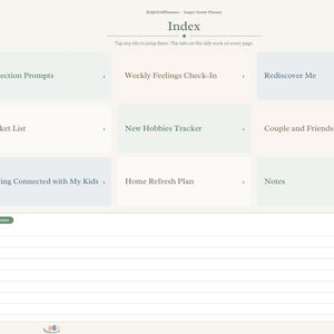 May include: A digital planner index page featuring a vertical navigation bar with circular tabs labeled Index, Reflect, Check-In, Me, Bucket List, Hobbies, Couple, Connect, Home, and Notes. The main area displays tiles for Reflection Prompts, Weekly Feelings Check-In, Rediscover Me, Bucket List, New Hobbies Tracker, Couple and Friendship Goals, Staying Connected with My Kids, Home Refresh Plan, and Notes, plus a lined Quick Notes section.