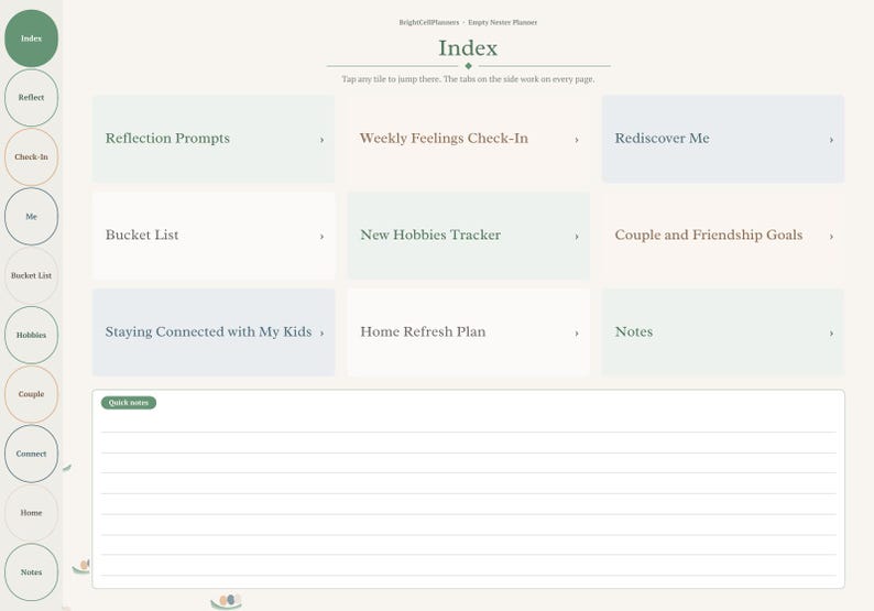 May include: A digital planner index page featuring a vertical navigation bar with circular tabs labeled Index, Reflect, Check-In, Me, Bucket List, Hobbies, Couple, Connect, Home, and Notes. The main area displays tiles for Reflection Prompts, Weekly Feelings Check-In, Rediscover Me, Bucket List, New Hobbies Tracker, Couple and Friendship Goals, Staying Connected with My Kids, Home Refresh Plan, and Notes, plus a lined Quick Notes section.