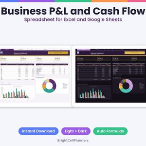 May include: A digital Business P&L and Cash Flow spreadsheet for Excel and Google Sheets. The display shows two dashboard versions, one light and one dark, featuring financial tables, bar charts, and a donut chart. Text includes Business P&L and Cash Flow, Spreadsheet for Excel and Google Sheets, Instant Download, Light + Dark, Auto Formulas, and BrightCellPlanners.