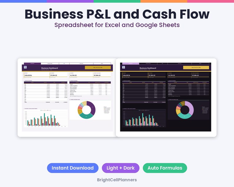 May include: A digital Business P&L and Cash Flow spreadsheet for Excel and Google Sheets. The display shows two dashboard versions, one light and one dark, featuring financial tables, bar charts, and a donut chart. Text includes Business P&L and Cash Flow, Spreadsheet for Excel and Google Sheets, Instant Download, Light + Dark, Auto Formulas, and BrightCellPlanners.
