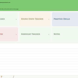 Puede incluir: Una p&aacute;gina de &iacute;ndice digital de tarjeta de puntuaci&oacute;n y registro de pr&aacute;ctica de golf con un encabezado verde con el texto INDEX. Incluye mosaicos de navegaci&oacute;n para Golf Scorecard, Round Stats Tracker, Practice Drills, Course Notes, Handicap Tracker y Notes.