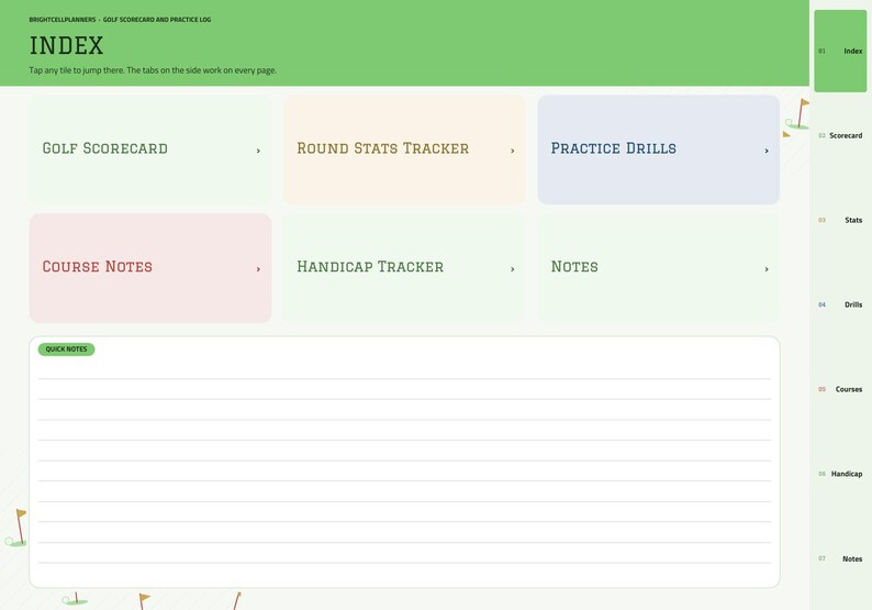 Puede incluir: Una p&aacute;gina de &iacute;ndice digital de tarjeta de puntuaci&oacute;n y registro de pr&aacute;ctica de golf con un encabezado verde con el texto INDEX. Incluye mosaicos de navegaci&oacute;n para Golf Scorecard, Round Stats Tracker, Practice Drills, Course Notes, Handicap Tracker y Notes.