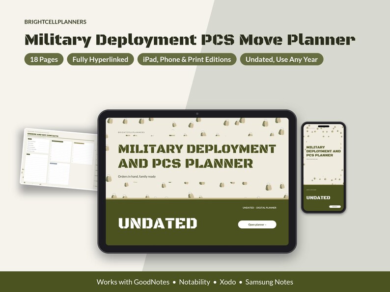 May include: A digital Military Deployment PCS Move Planner displayed on a tablet and smartphone, featuring olive green and cream colors. The screen shows the text Military Deployment and PCS Planner, Undated, and 18 Pages, Fully Hyperlinked.