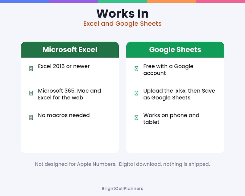 May include: An informational graphic titled Works In Excel and Google Sheets. It lists compatibility requirements for Microsoft Excel, including Excel 2016 or newer, Microsoft 365, and Google Sheets, noting it is not designed for Apple Numbers.