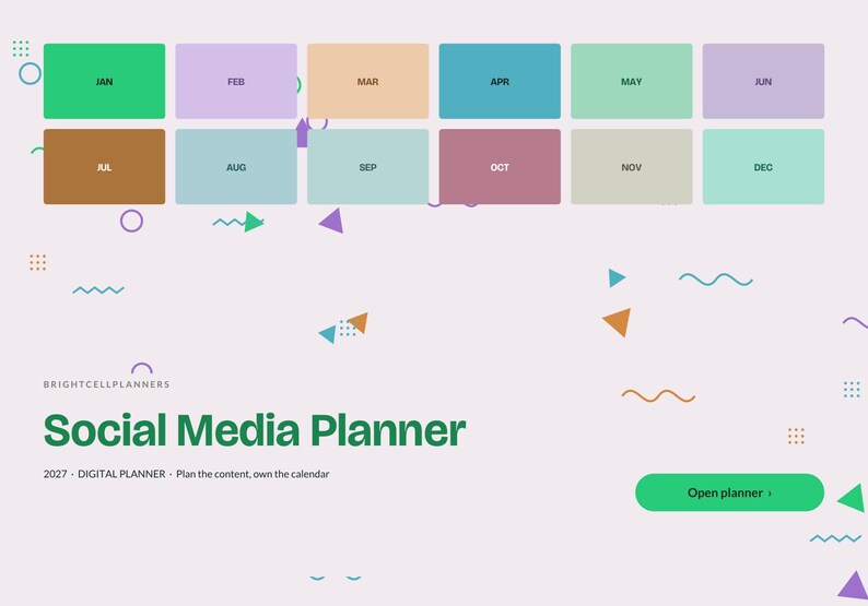 Puede incluir: Un planificador digital de redes sociales 2027 de Brightcellplanners con una cuadr&iacute;cula de doce botones rectangulares de meses en varios colores pastel, formas geom&eacute;tricas dispersas y un bot&oacute;n verde Open planner.