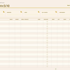 Puede incluir: Una p&aacute;gina de planificador digital de seguimiento de regalos de Navidad titulada Recipients (1/4) con una tabla que incluye columnas para nombre, grupo, presupuesto, ideas, tallas, tarjeta enviada, gastado, restante, listo y estado, adem&aacute;s de una barra de navegaci&oacute;n lateral con pesta&ntilde;as.