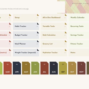 Puede incluir: Una p&aacute;gina de &iacute;ndice de planificador digital con una cuadr&iacute;cula de mosaicos de navegaci&oacute;n etiquetados que incluyen Year at a glance, Goal Planner, Habit Tracker, Budget Tracker y Meal Planner. Una fila de doce pesta&ntilde;as mensuales de JAN a DEC est&aacute; en la parte inferior.