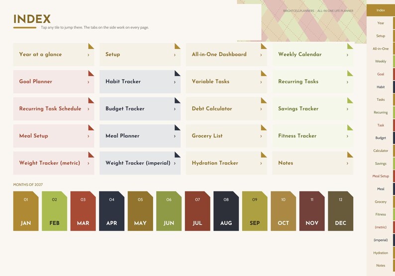 Puede incluir: Una p&aacute;gina de &iacute;ndice de planificador digital con una cuadr&iacute;cula de mosaicos de navegaci&oacute;n etiquetados que incluyen Year at a glance, Goal Planner, Habit Tracker, Budget Tracker y Meal Planner. Una fila de doce pesta&ntilde;as mensuales de JAN a DEC est&aacute; en la parte inferior.