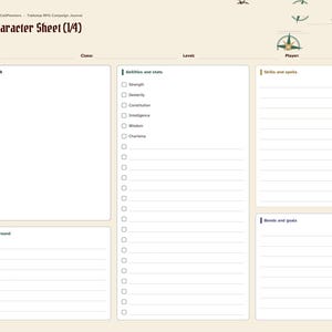 May include: A tabletop RPG character sheet page with a cream background, featuring sections for portrait, abilities, stats, skills, spells, and bonds. The header reads Character Sheet (1/4) and BrightColdPlanners. Compass icons decorate the right side.