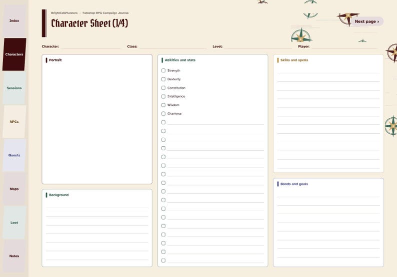 May include: A tabletop RPG character sheet page with a cream background, featuring sections for portrait, abilities, stats, skills, spells, and bonds. The header reads Character Sheet (1/4) and BrightColdPlanners. Compass icons decorate the right side.