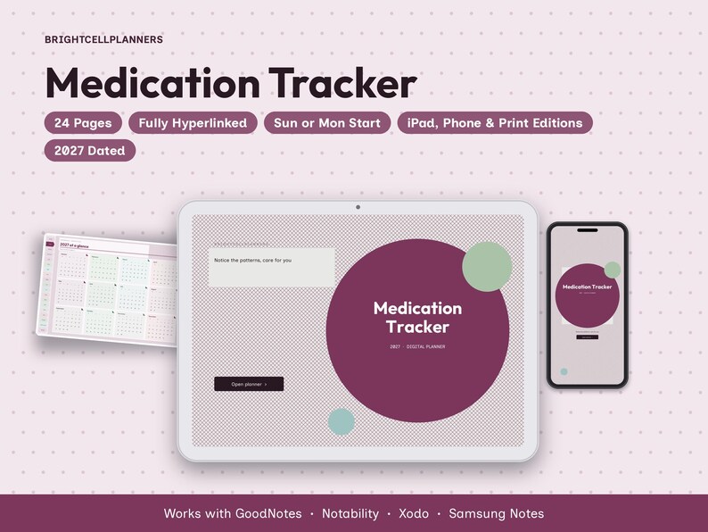 2027 Digital Medication Tracker, Tablet Medication Tracker PDF, Hyperlinked Planner, Year in Pixels, Dose Log image 1